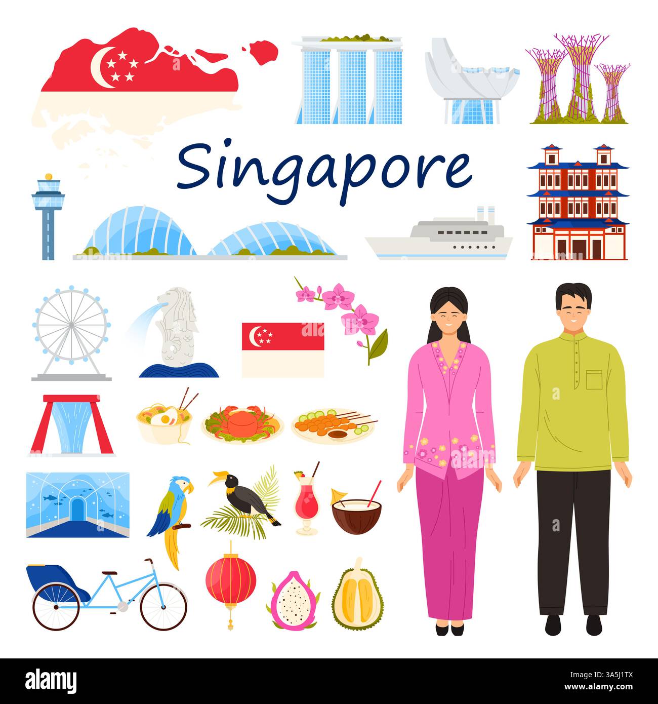 Eine Sammlung von singapurischen kulturellen Elementen, Wahrzeichen, traditioneller Kleidung und Speisen. Detaillierte Darstellung berühmter Symbole und Attraktionen, Vektorillustration. Stock Vektor