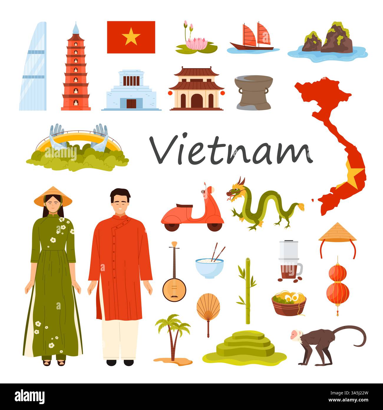 Reise nach Vietnam Set mit Titel. Vietnamesen in traditionellen Kostümen, Pagode und Kirche, Golden Bridge und Ho Chi Minh Mausoleum Wahrzeichen, Roller und Affen Cartoon Vektor Illustration Stock Vektor