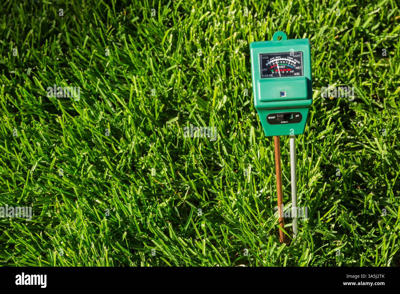 3-in-1-Messgerät für Luminanz, Feuchtigkeit und pH-Wert, das den Bodenzustand von Poa pratensis - Kentucky Bluegrass-Rasen anzeigt, ist kaum feucht. Stockfoto
