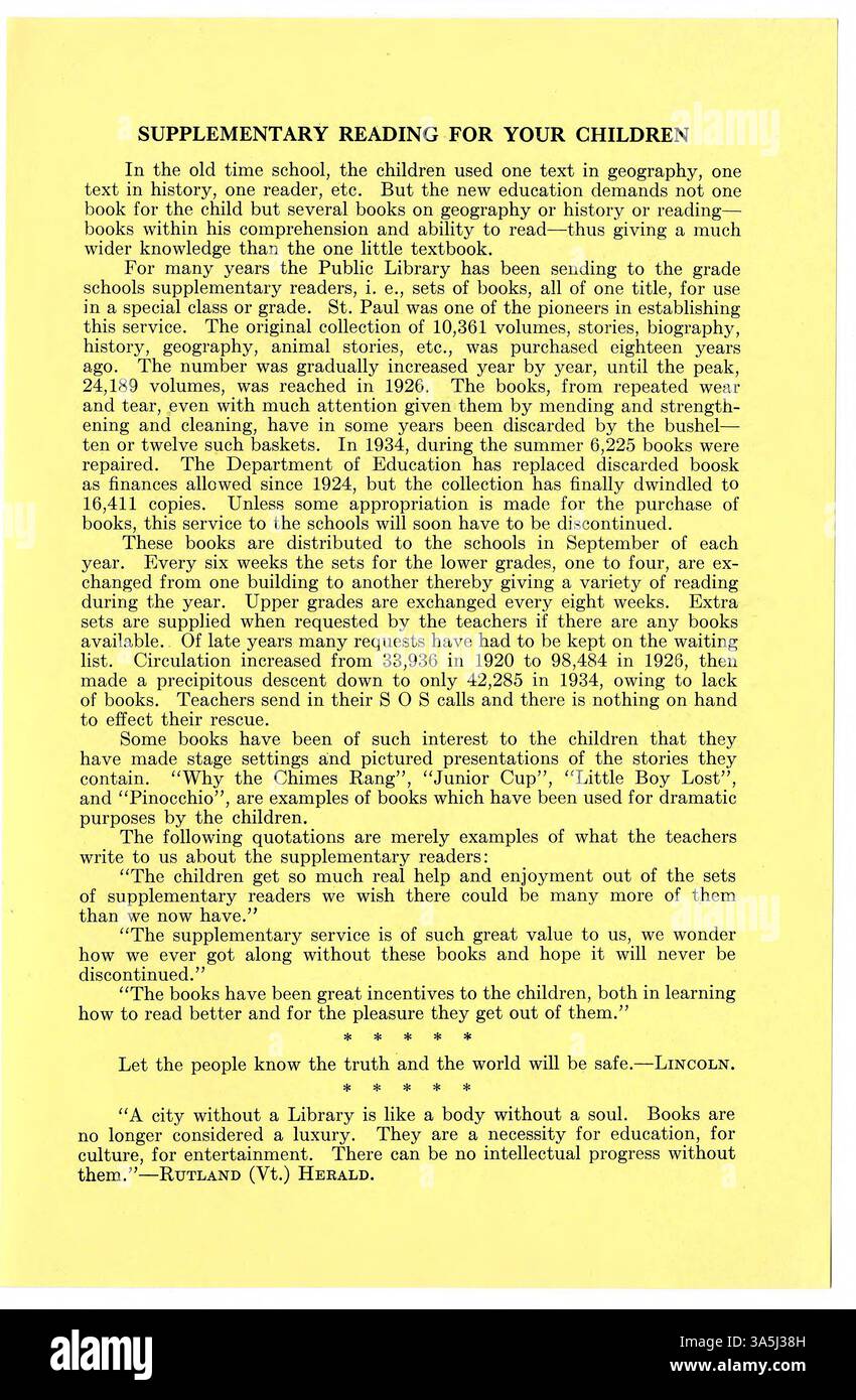 The Library Beacon von Juli bis Dezember 1934 deckt mehrere wichtige Bibliotheksinitiativen ab, darunter Gemeindespenden, Buchrestaurierungsprojekte und eine Kinderbuchausstellung. Die Publikation diskutiert die kulturellen Auswirkungen der New Deal-Literatur und bewertet Zeitschriftenartikel zu diesem Thema. Die Arbeiten der Bauarbeiterverwaltung und die aus FERA finanzierten Bibliotheksrenovierungen werden ebenfalls erörtert. Stockfoto