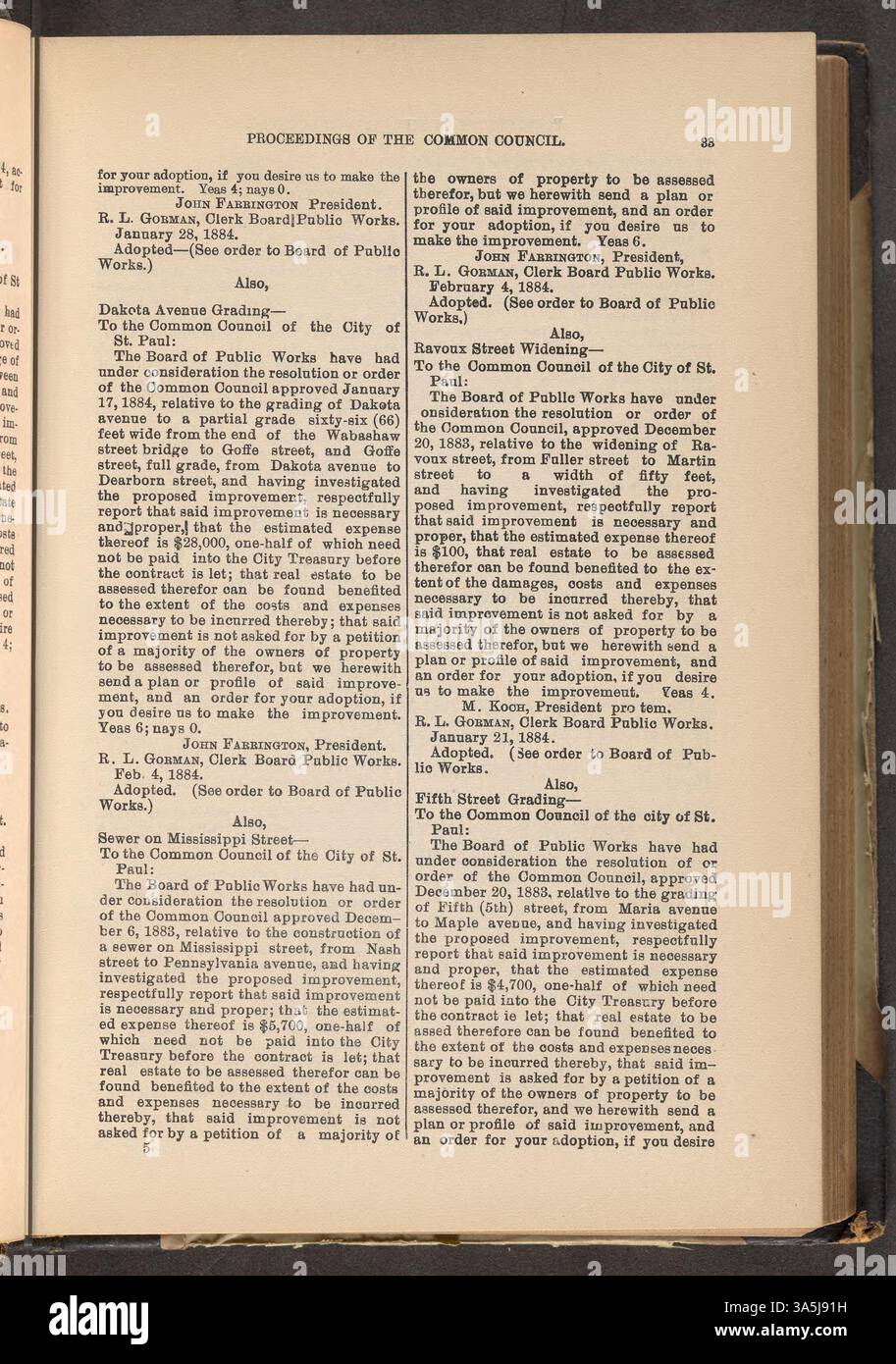 Die Aufzeichnungen des Gemeinderats von Saint Paul aus dem Jahr 1884 dokumentieren Beschlüsse, Versammlungen und Beschlüsse, die vom Gemeinderat der Stadt im Laufe des Jahres getroffen wurden. Stockfoto