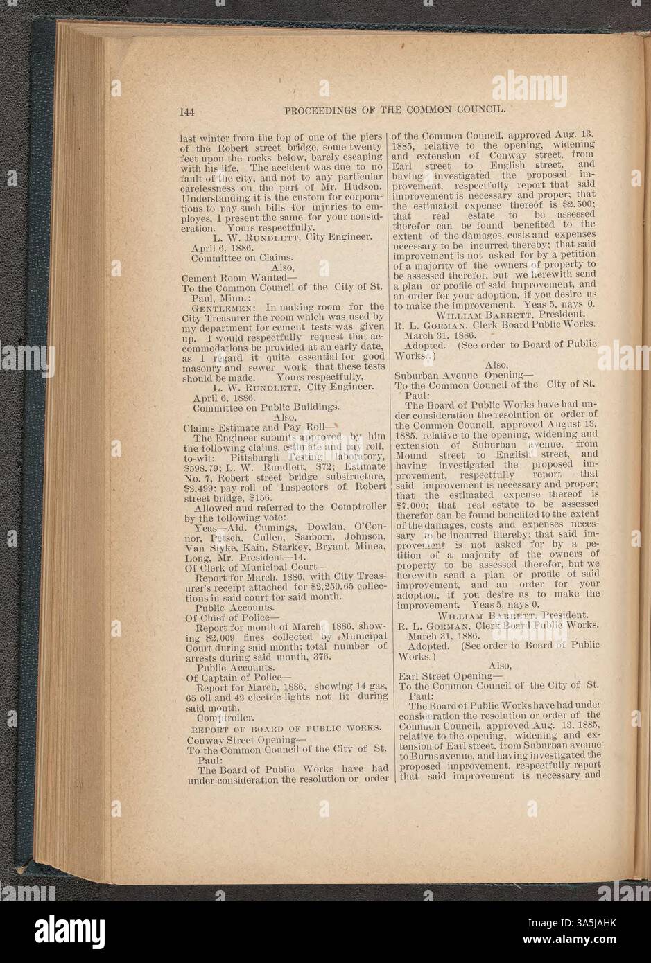 Die Beratungen des Gemeinsamen Rates von St. Paul aus dem Jahr 1886 geben einen detaillierten Überblick über die Beschlüsse und gesetzgeberischen Maßnahmen, die das Leitungsorgan der Stadt getroffen hat. Stockfoto
