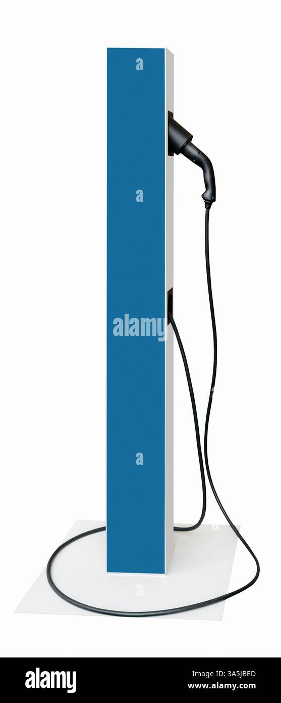 Isolierte blaue EV-Ladestation mit Steckverbinder und Kabel Stockfoto
