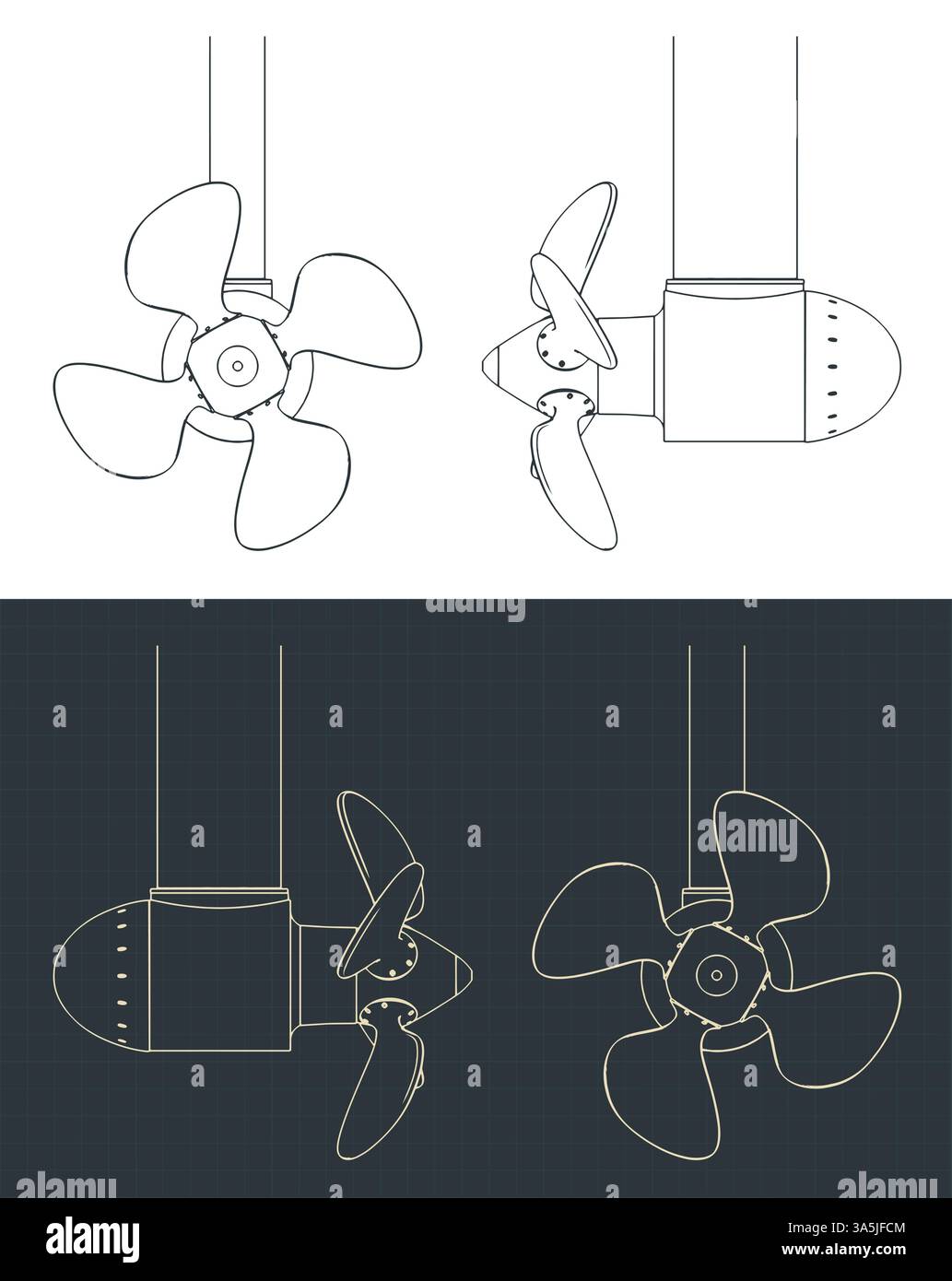 Azimutstrahlruder oder Ruderpropeller-Blaupausen stilisierte Illustrationen Stock Vektor