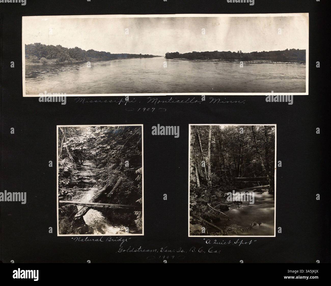 Andrew Lindgrens Fotoalbum aus dem Jahr 1906-1909 zeigt den Campus der St. Cloud State University und seine Umgebung sowie Reisefotos aus Städten wie Portland, Seattle und New York City sowie aus Kanada und Panama. Stockfoto