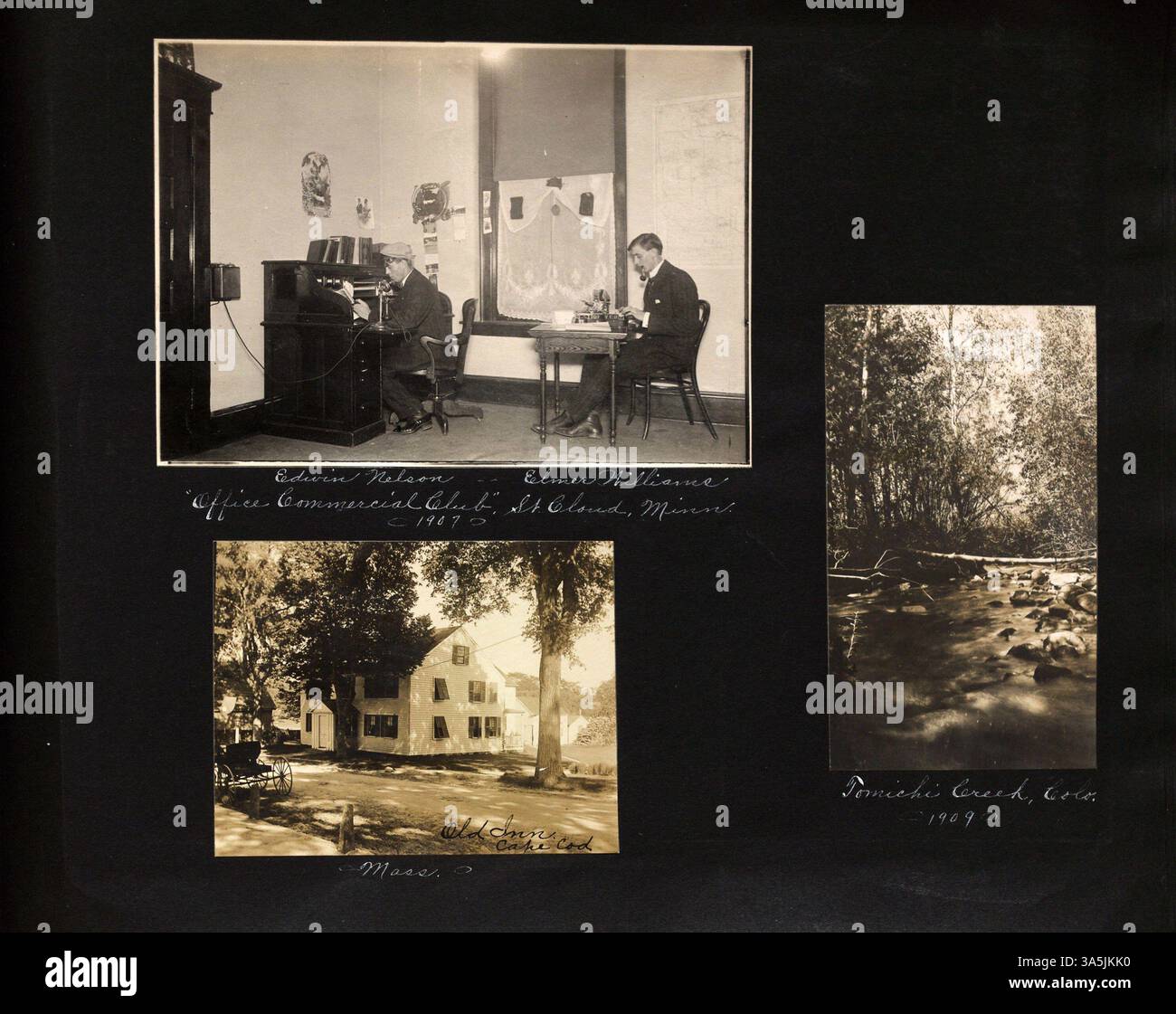 Andrew Lindgrens Album mit Fotografien, die um 1906–1909 entstanden sind, dokumentiert den Campus der St. Cloud State University und die umliegenden Gebiete von Minnesota sowie Orte wie Salt Lake City, Portland und New York City sowie kanadische und panamaische Standorte. Stockfoto