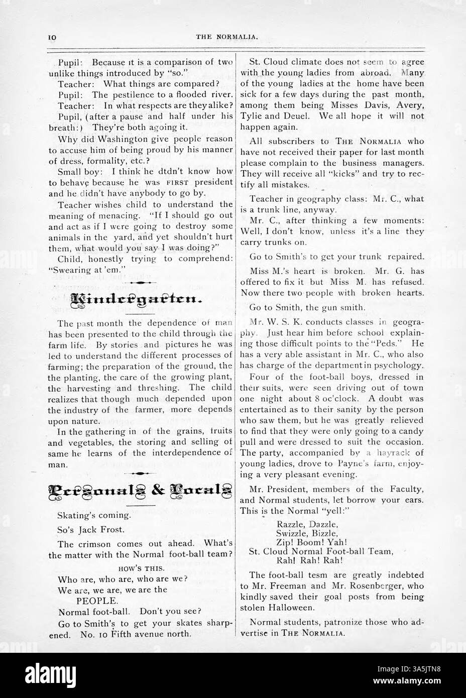 Die Ausgabe von „The Normalia“ von der St. Cloud State University aus dem Jahr 1895 enthält verschiedene Zeitschriftenartikel über öffentliche Bildung, darunter eine detaillierte Analyse von „The Raven“ von Edgar Allan Poe und einen Bericht über die neu gegründete Fußballmannschaft. Außerdem werden das Leben auf dem Campus, die Beiträge der Fakultäten und die Beteiligung der Alumni hervorgehoben. Stockfoto