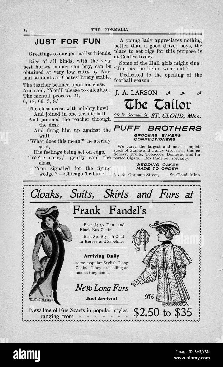 Eine Publikation der St. Cloud State University, die Zeitschriftenartikel von Fakultäten und Studenten zu verschiedenen Themen enthält, die sich hauptsächlich auf die öffentliche Bildung konzentrieren. Die Artikel umfassen „The Story of Lochinvar“, „The Mille Lacs Indians“, „Why I like the Book I Lese vor kurzem“ und „Crossing the Bridge“ mit Updates zur vergangenen Fußballsaison. Stockfoto