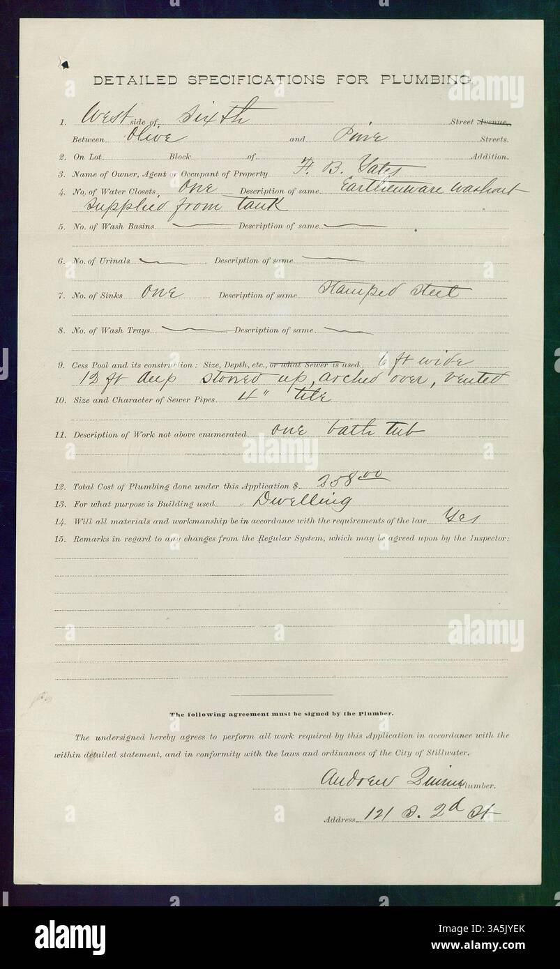Antrag auf Genehmigung für Sanitäranlagen am 4. Mai 1889 für ein Grundstück in der South Sixth Street in Stillwater, Minnesota. Die Genehmigung wurde für das Eigentum von Herrn Leocks ausgestellt, wobei Andrew Quinn als Klempner fungierte. Stockfoto