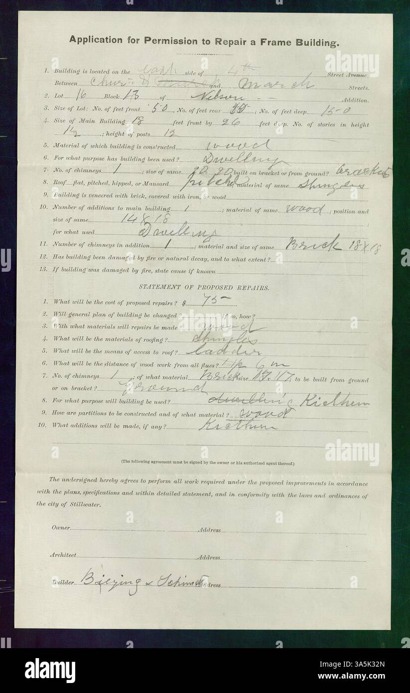 Baugenehmigung, ausgestellt am 1. Mai 1890 für Reparaturen an einem Rahmengebäude in der Fourth Street, Lot 4, Block 13 von Nelson, Stillwater, Minnesota. Baumeister waren Beiging und Schmidt. Stockfoto