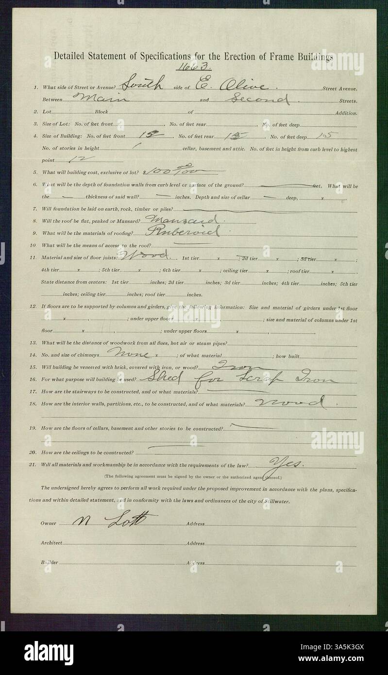 Baugenehmigung für den Anbau, Umbau und die Reparatur eines Backsteingebäudes in Stillwater, Minnesota, eingereicht am 1. August 1917. Lage: 106 North Main Street, Block 18 der ursprünglichen Stadt. Eigentümer: Wolf Brewing, Baumeister: Frank Linner und Company. Stockfoto
