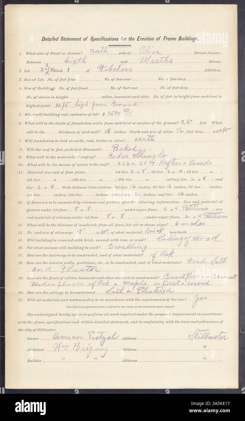 Genehmigung Nr. 1317, erteilt am 12. Mai 1908, für den Bau eines neuen Rahmengebäudes an der Martha Street, Los 3 und 4, Block 1, Websters, Stillwater. Der Besitzer war Herman Pretzel, der Architekt und Baumeister William Bieging. Stockfoto