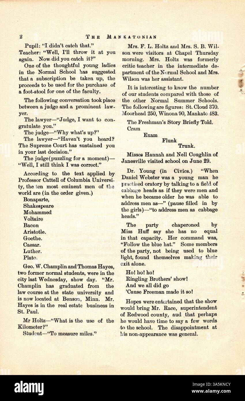 In dieser Sommerschulausgabe des Mankatonian, Band 1, Ausgabe 3, berichten Schüler der Mankato State Normal School über das soziale und akademische Leben im Jahr 1904, einschließlich Artikel, Poesie, Schulveranstaltungen und lokale Werbung. Stockfoto