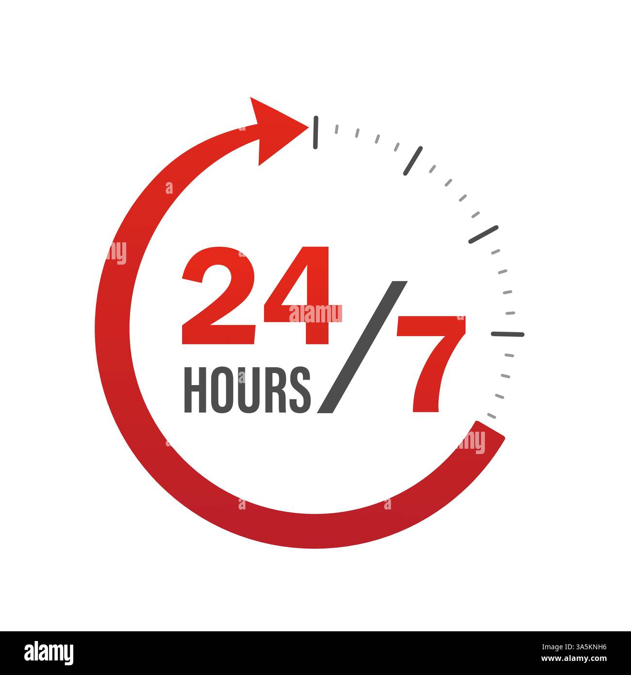 24/7 Symbol auf weißem Hintergrund. Pfeilvektorsymbol. Kundendienst. Vektorlogo. Rundes Logo. Stock Vektor