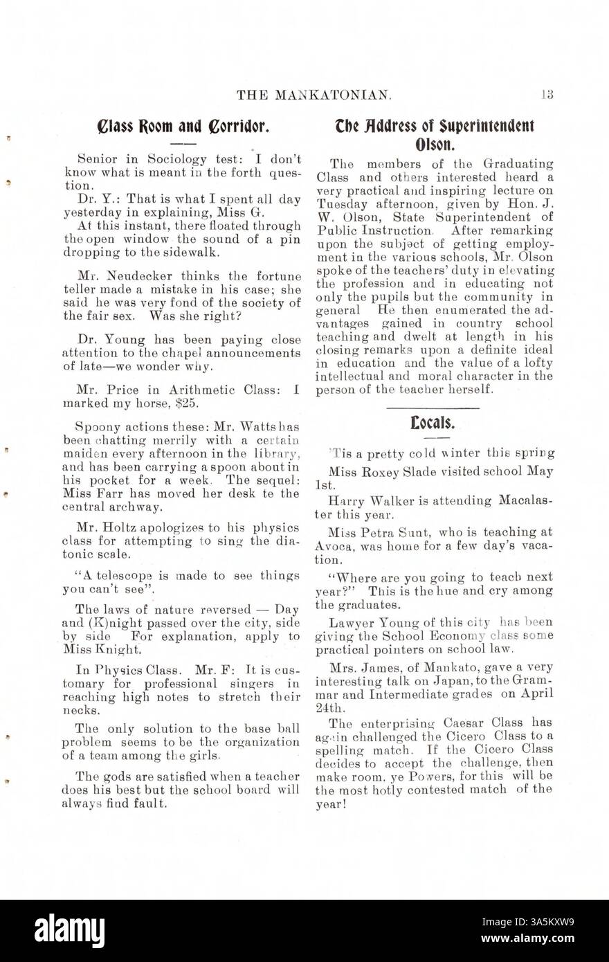 Die Ausgabe des Mankatonian vom April 1903, Band 14, behandelt das Leben der Schüler an der Mankato State Normal School, einschließlich Berichte über Schulaktivitäten, Poesie und gesellschaftliche Ereignisse wie Tänze. Das Magazin enthält auch Anzeigen von lokalen Unternehmen. Sie bietet Einblick in die Erfahrungen der Schüler an der Schule von 1891 bis 1913. Stockfoto