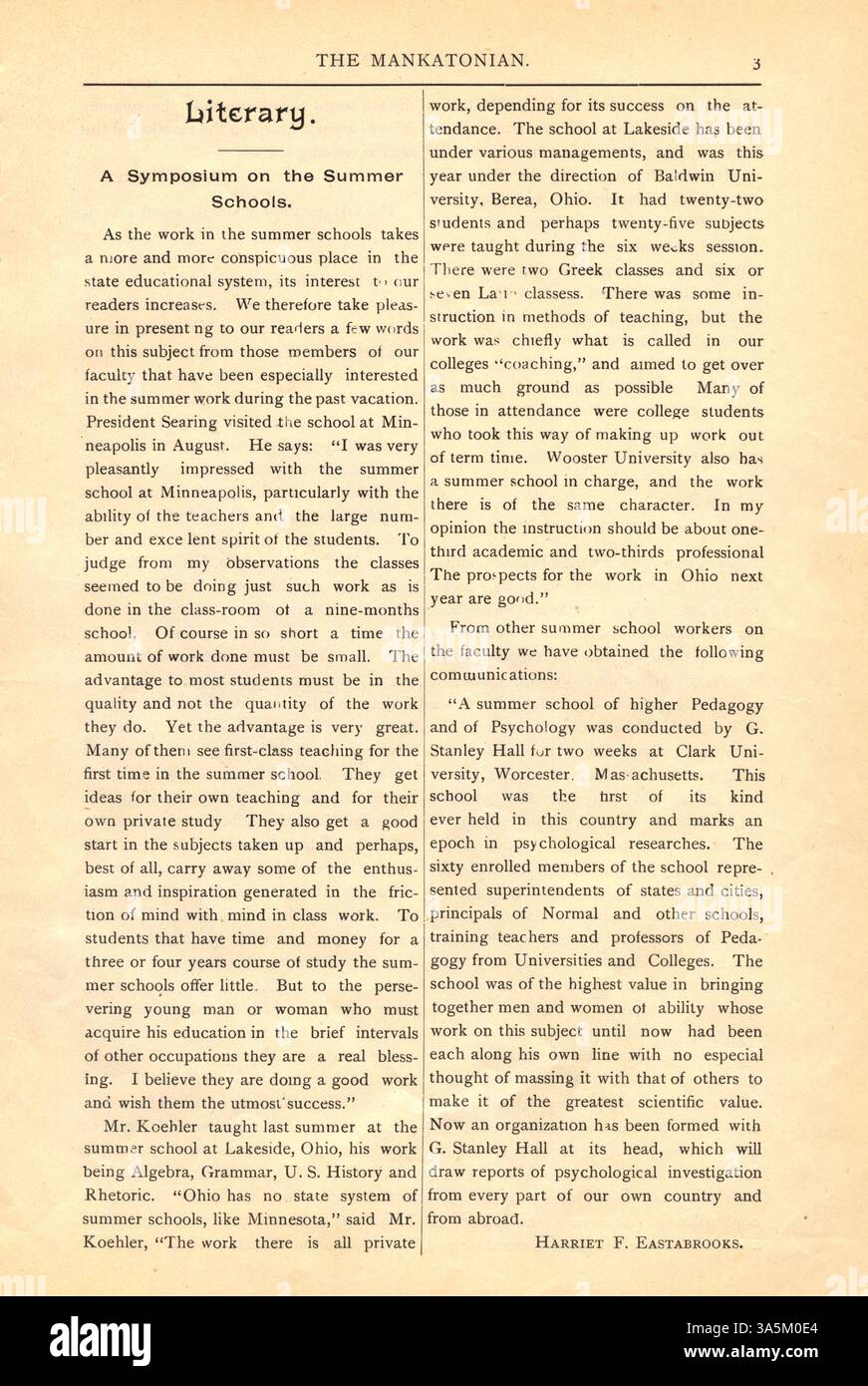In der Ausgabe des Mankatonian vom September 1892, Band 2, Ausgabe 1, präsentierte das Magazin Schülerschriften, Gedichte und Berichte über verschiedene Schulveranstaltungen. Die Ausgabe enthielt auch Zusammenfassungen von gesellschaftlichen Veranstaltungen und Werbung von lokalen Unternehmen in der Region Mankato, die das Studentenleben in den 1890er Jahren widerspiegeln Stockfoto