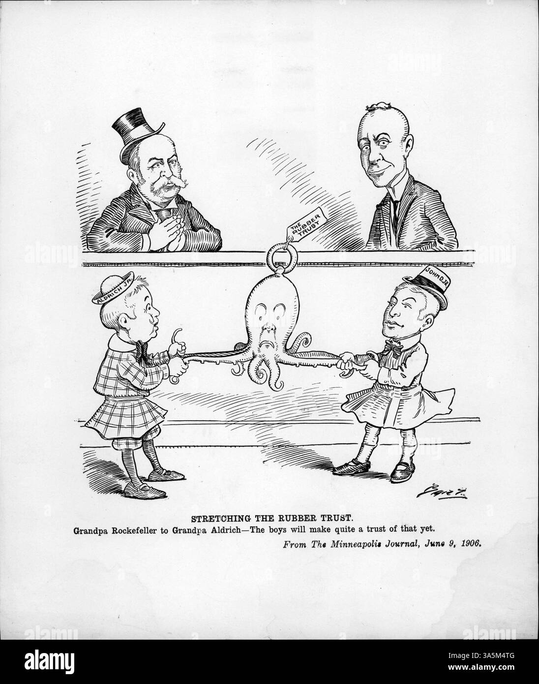 In Stretching the Rubber Trust versuchen John D. Rockefeller Jr. und E.B. Aldrich, ein Gummimonopol zu bilden. Der politische Zeichentrick zeigt ihre Bemühungen, ein Unternehmensvertrauen zu schaffen. Stockfoto