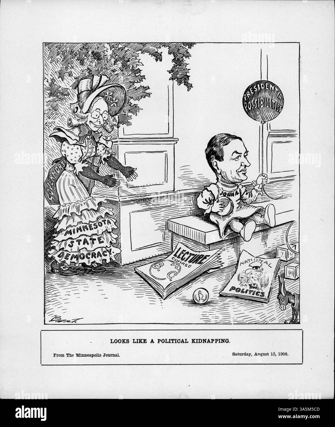 Die beschriebene politische Szene zeigt eine symbolische Darstellung der Gouverneurswahlen von Minnesota 1912, wobei der Schwerpunkt auf Delegierten liegt, die Johnson für eine dritte Amtszeit als Gouverneur unterstützen. Stockfoto