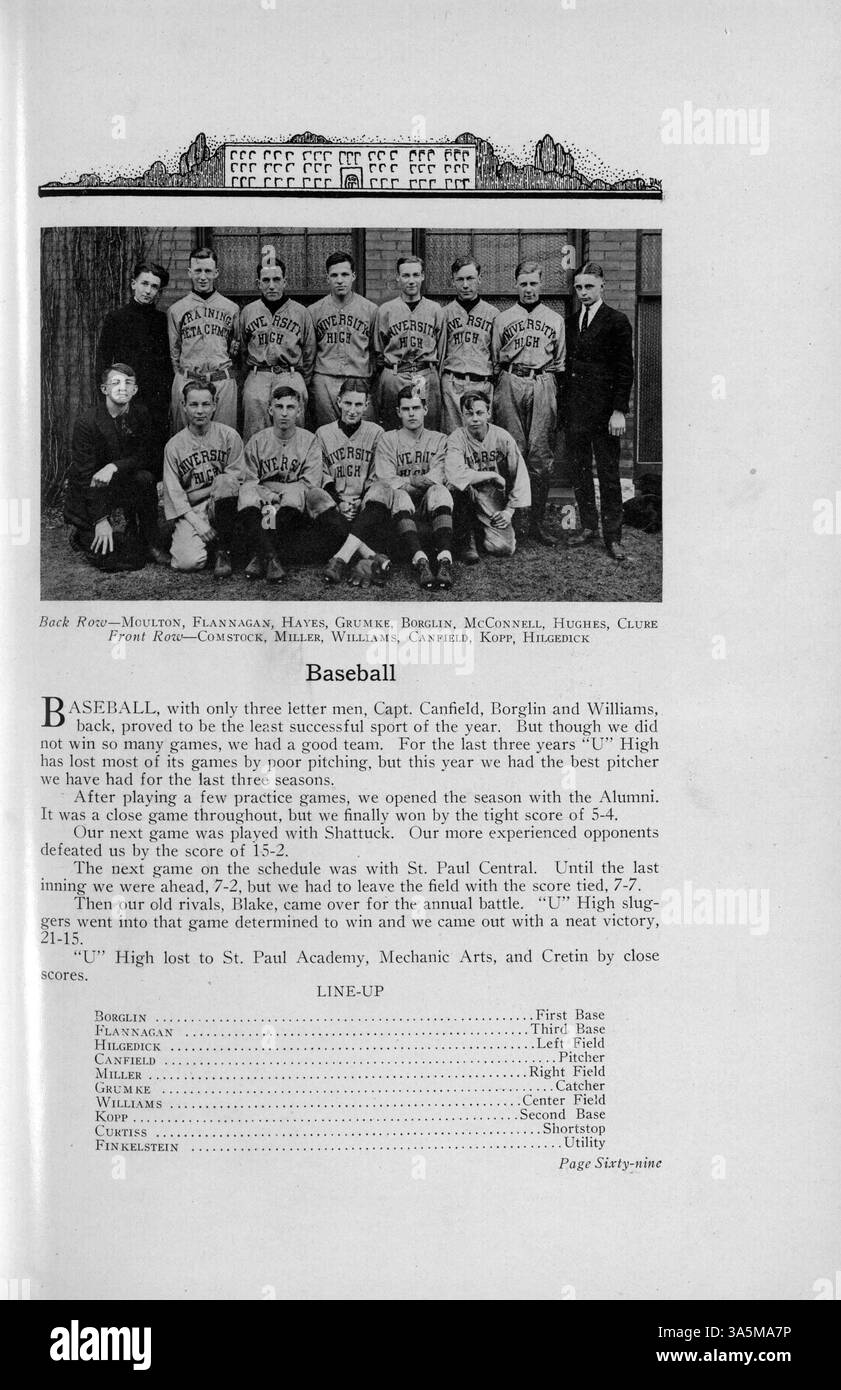 Das Jahrbuch „Bisbila“ aus dem Jahr 1921 zeigt wichtige Veranstaltungen, Aktivitäten von Studenten, Sportprogramme und Höhepunkte der University High School. Stockfoto