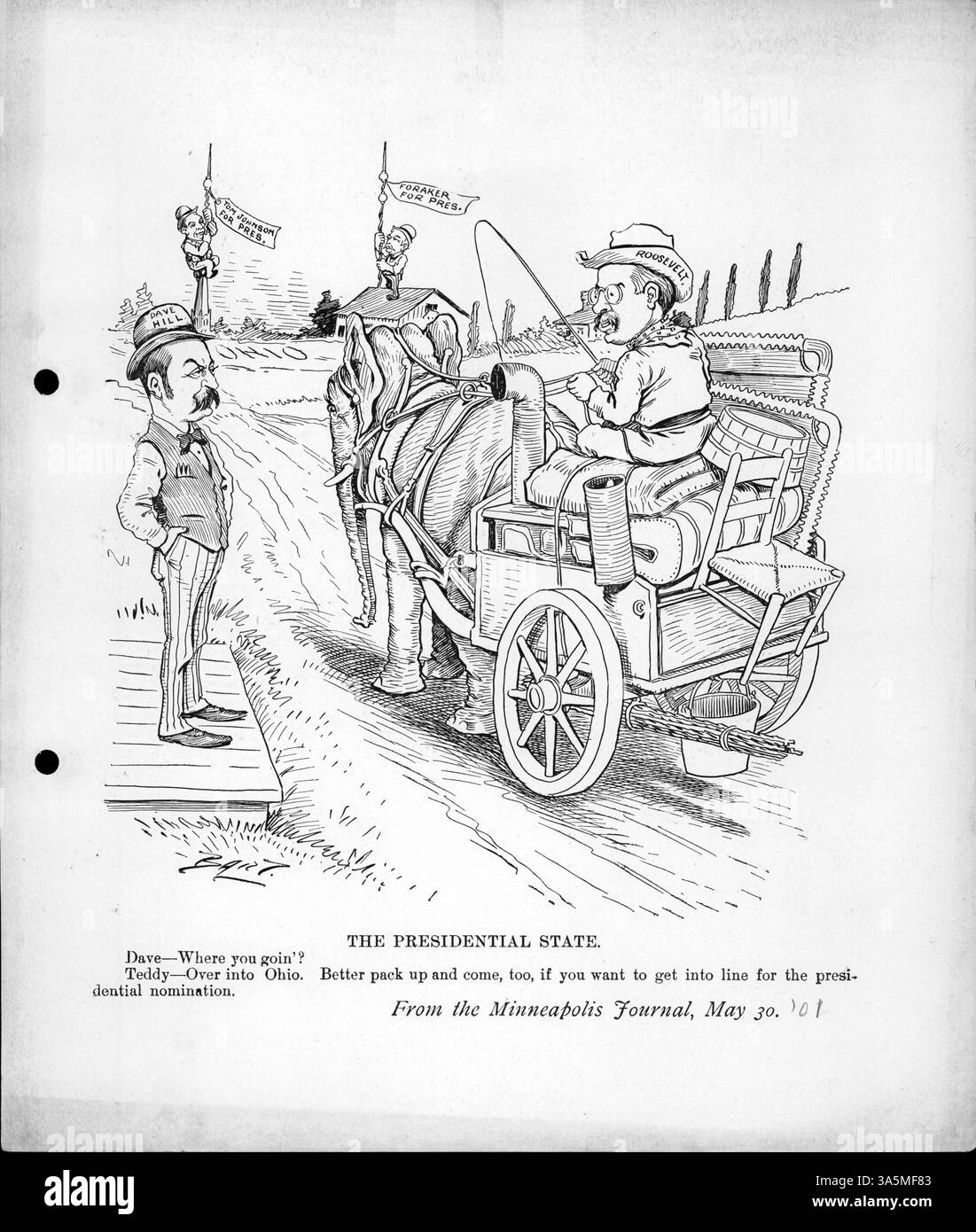 1904 schlug Theodore Roosevelt Dave Hill eine Reise nach Ohio für die Präsidentschaftskandidatur vor, wobei Tom Johnson und Joseph Foraker ebenfalls um die gleiche Position wetteiferten. Johnson und Foraker waren Ohioans, die um die Nominierung wetteiferten. Stockfoto