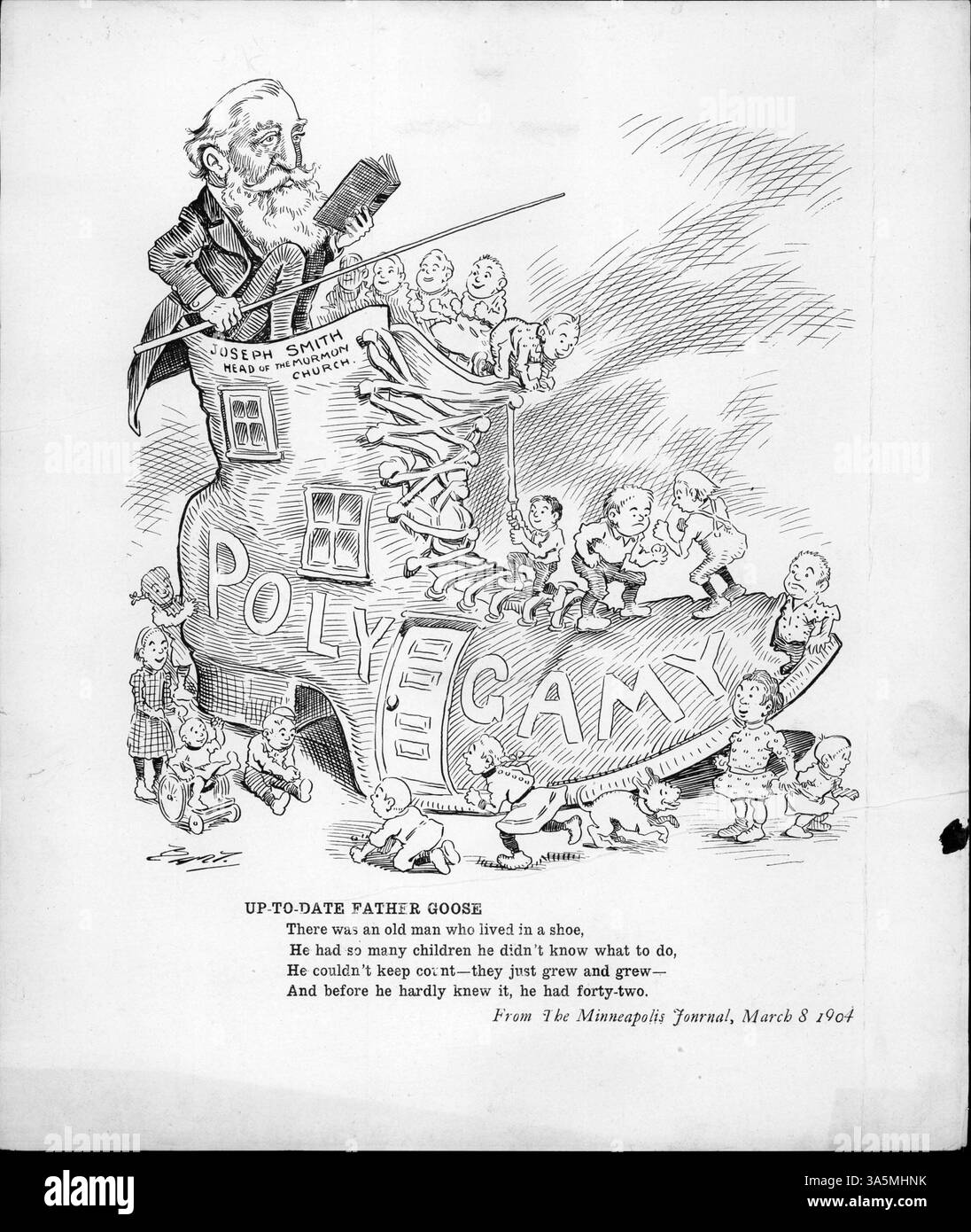 Dieser Zeichentrick zeigt Joseph F. Smith, den Führer der Kirche Jesu Christi der Heiligen der Letzten Tage, in einem Schuh mit der Bezeichnung „Polygamie“ mit 42 Kindern und kommentiert seine umstrittene Vergangenheit und Haltung zur Polygamie. Stockfoto