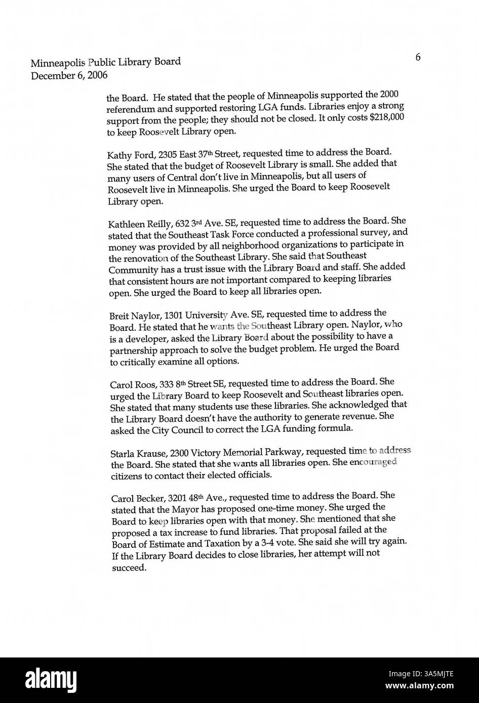 Die 2006 Minuten vom Verwaltungsrat der Minneapolis Public Library sind ein Bericht über wichtige Entscheidungen über die Finanzierung der Bibliothek, Aktualisierungen der Richtlinien und neue Initiativen zur Verbesserung des öffentlichen Zugangs zu Bildungsressourcen und Gemeinschaftsprogrammen im Hennepin County Library-System. Stockfoto