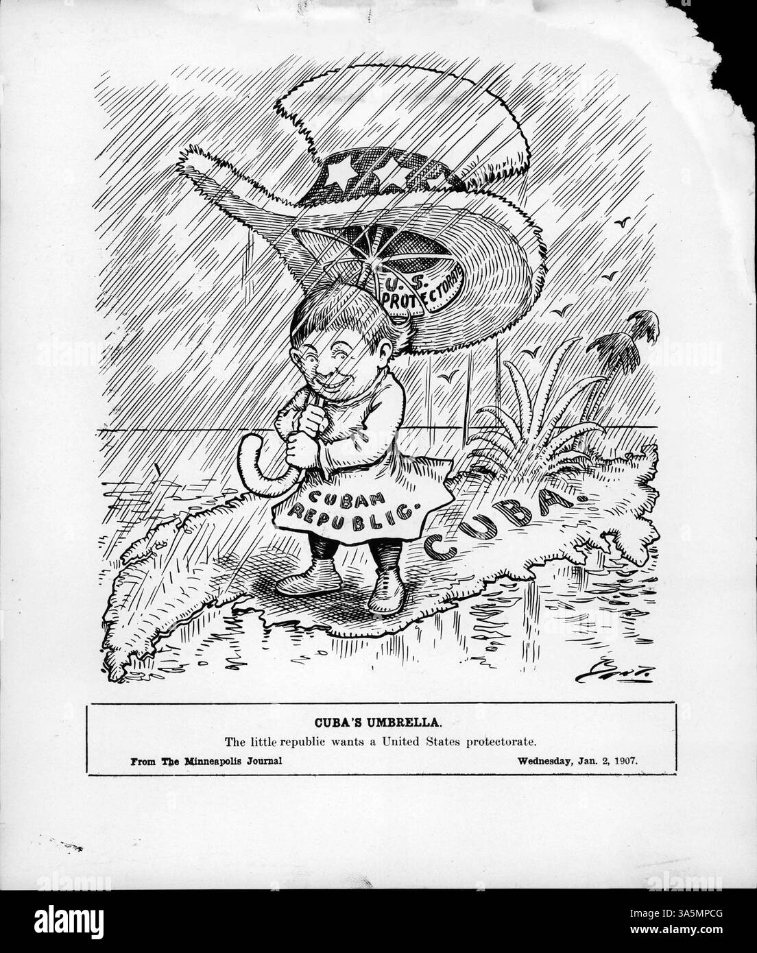 In diesem politischen Zeichentrick wird die kubanische Republik dargestellt, die den Schirm des US-Protektorats hält, um sich vor dem Regen zu schützen. Dies symbolisiert Kubas Bitte um US-Intervention nach dem kubanischen Aufstand und den Wunsch nach einem US-Protektorat nach dem Rücktritt der Regierung. Stockfoto
