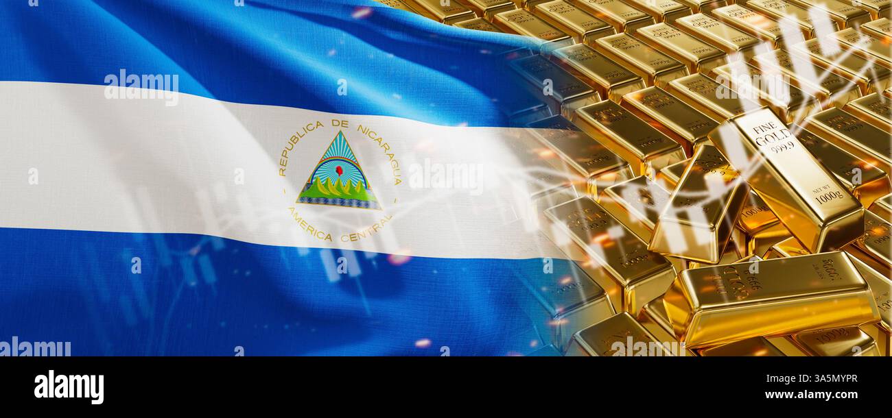 Goldbarren mit Nicaragua-Flagge. Stellen Sie einfach Edelmetallbestände dar. Nationales System der Devisenreserven der Bankwirtschaft. Goldenes Reservat. 3D-Bild Stockfoto