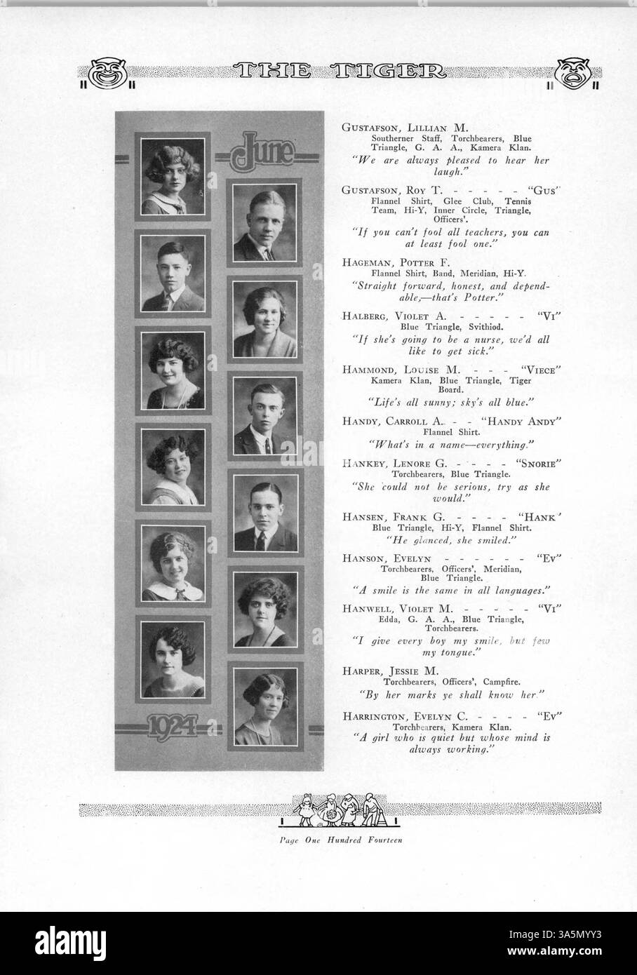 In dieser Ausgabe des South High „Tiger“ Jahrbuchs 1924 werden die wichtigsten Veranstaltungen, sportlichen Wettbewerbe und Schüleraktivitäten vorgestellt, die das Schuljahr geprägt haben. Besonderes Augenmerk gilt der Rolle afroamerikanischer Studenten sowohl im akademischen als auch im außerschulischen Leben. Stockfoto