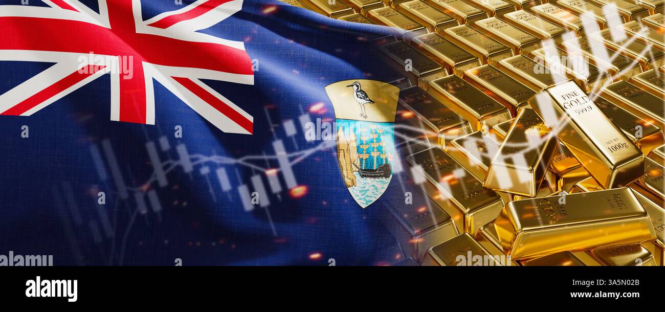 Goldbarren mit Saint-Helena-Flagge. Stellen Sie einfach Edelmetallbestände dar. Nationales System der Devisenreserven der Bankwirtschaft. Goldenes Reservat. 3D im Stockfoto