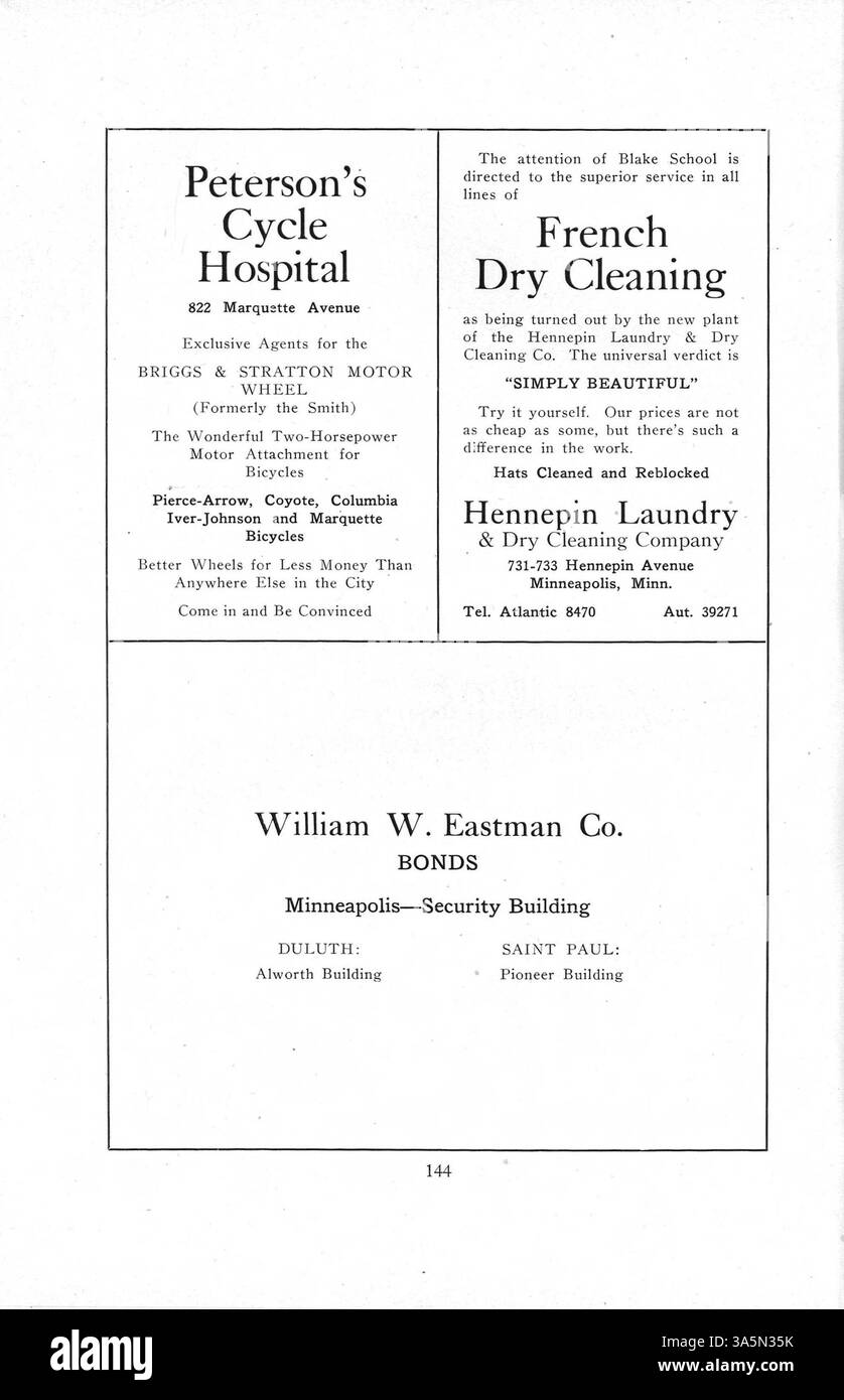 Das Blake Yearbook von 1920 bietet eine visuelle Aufzeichnung der Schüler, Lehrer, Leichtathletik und Vereine aus dem akademischen Jahr 1919-1920. Stockfoto