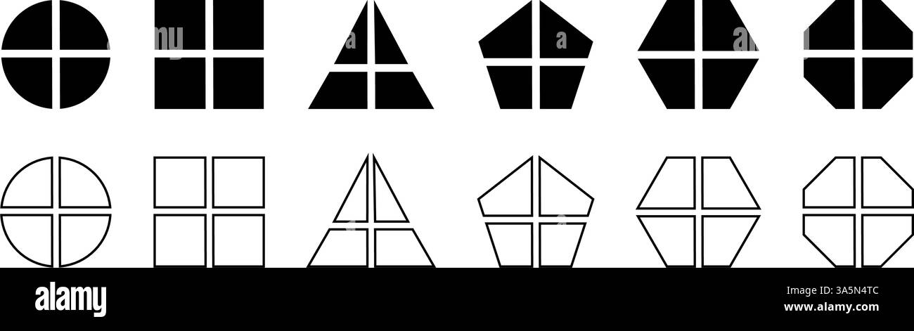 Geometrische Formen, die in 4 Schichten unterteilt sind. Rund, quadratisch und dreieckig, fünfeckig, sechseckig oder achteckig in vier gleiche Teile geschnitten. Einfache Diagramme, Geschäftsdiagramme. Vektorgrafik. Stock Vektor