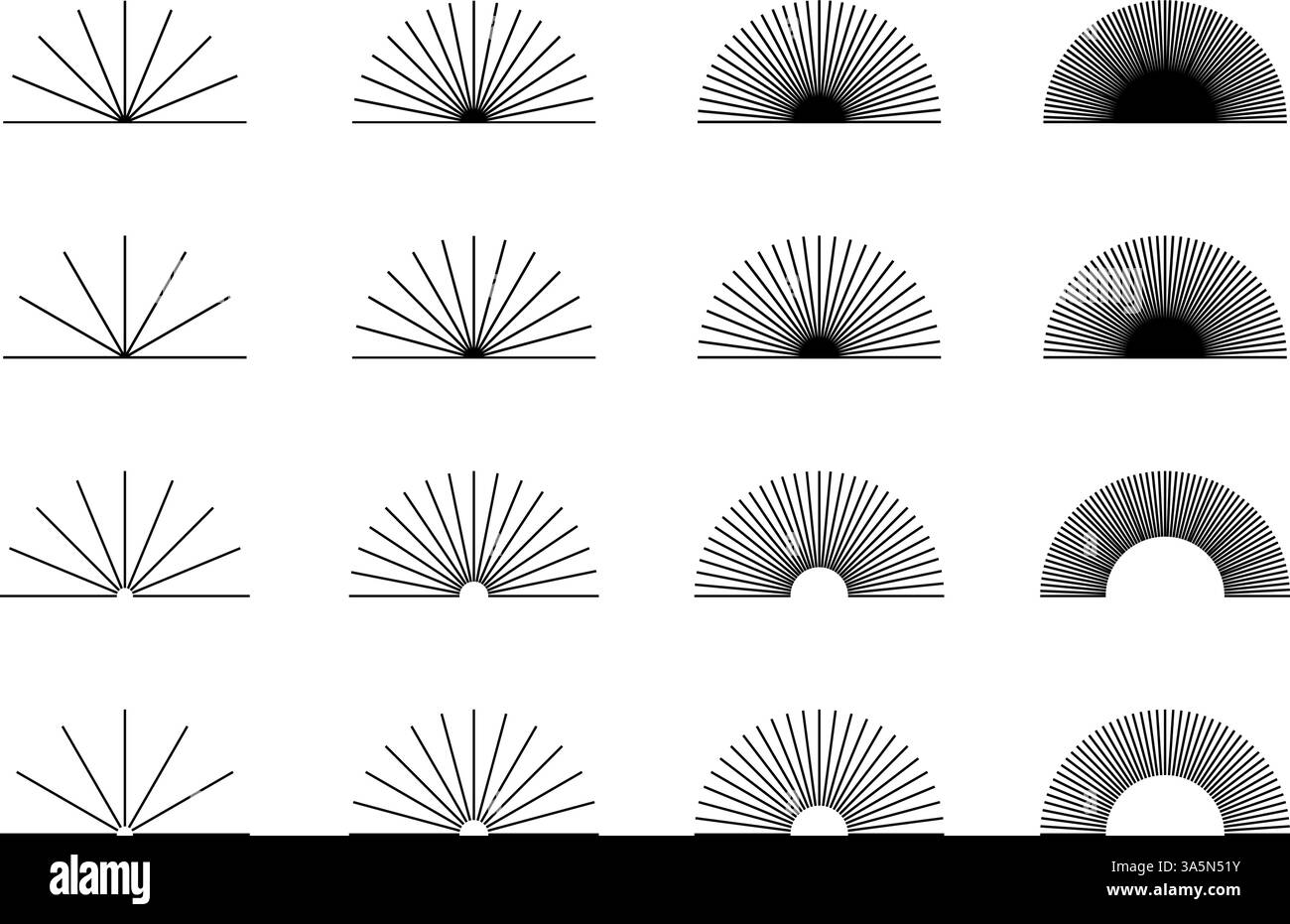 Gerade radiale Linien in Halbkreisform. Set von Sonnenstrahlen, Sonnenstrahlen oder Sonnenstrahlen auf weißem Hintergrund. Symbole für Strahlkraft, Explosion, Explosion oder Feuerwerk. Vektorgrafik. Stock Vektor