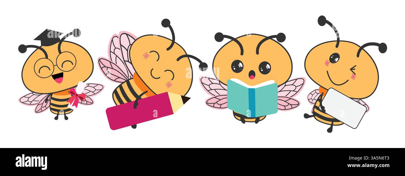 Zeichenset für Biene-Zeichen-Clipart. Honigbienen-Clip-Art mit fröhlichem und niedlichem Gesicht mit Diplom, Bleistift, Whiteboard und Lesebuchelementen Stock Vektor