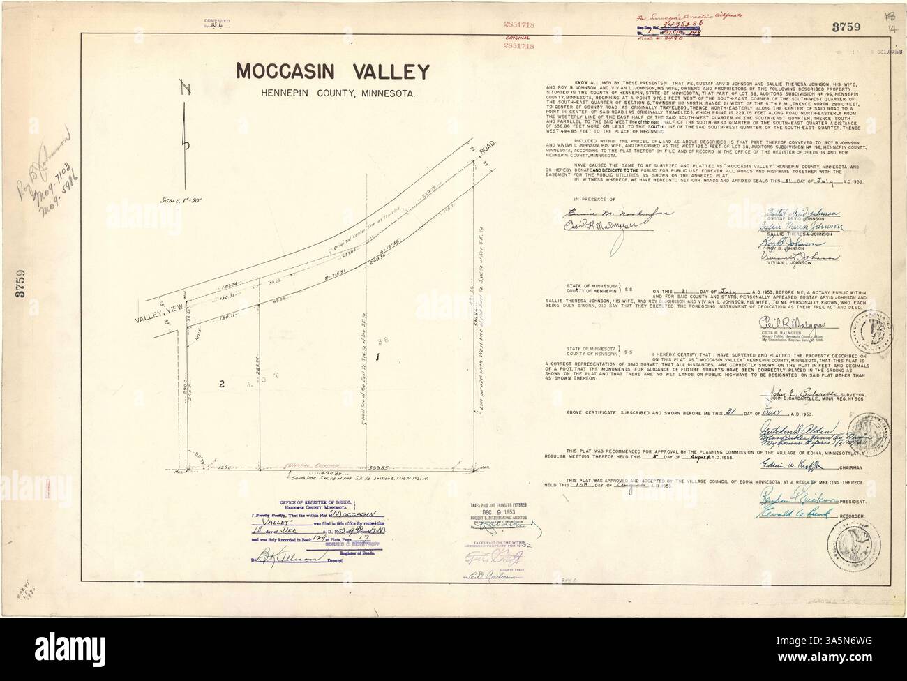 Das Moccasin Valley ist eine historische Region im Hennepin County, die die natürliche Landschaft und Entwicklung des Gebiets darstellt, wie von der Hennepin County Library dokumentiert. Stockfoto