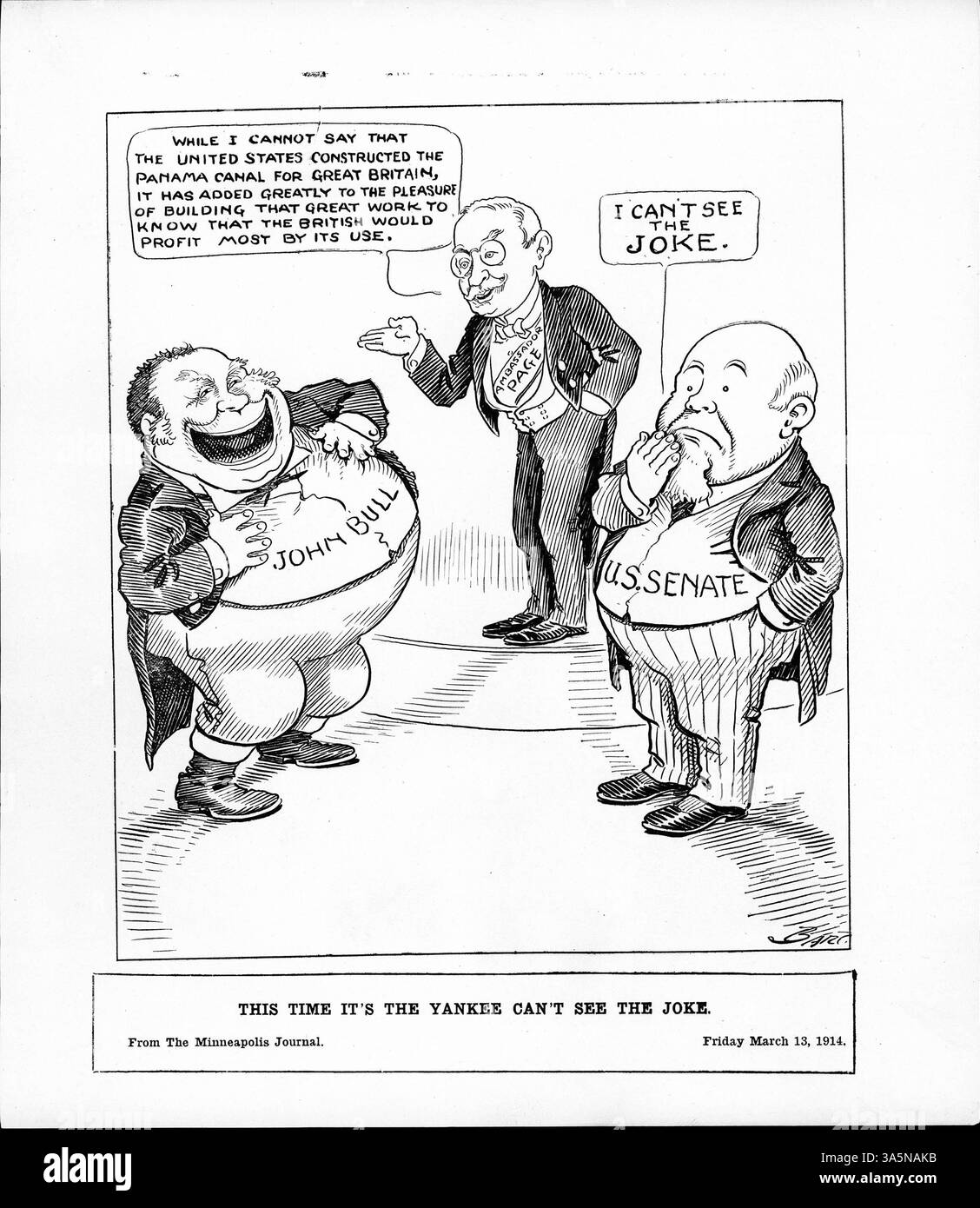 Dieser Cartoon zeigt Botschafter Walter Page in einer Rede, in der er über die Auswirkungen des Panamakanals auf Großbritannien scherzt. Der US-Senat verlangt eine Untersuchung der Bemerkungen, während John Bull über den Witz lacht, ohne sich dessen politische Auswirkungen bewusst zu sein. Stockfoto Dieser Cartoon zeigt Botschafter Walter Page in einer Rede, in der er über die Auswirkungen des Panamakanals auf Großbritannien scherzt. Der US-Senat verlangt eine Untersuchung der Bemerkungen, während John Bull über den Witz lacht, ohne sich dessen politische Auswirkungen bewusst zu sein. Stockfoto