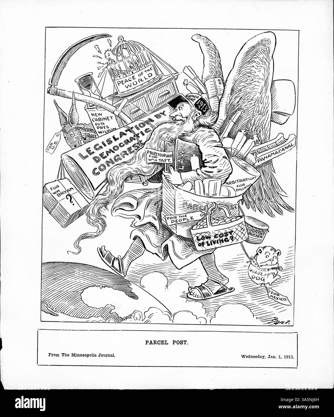 1913 begann das United States Post Office einen Paketpostdienst, symbolisiert durch „Father Time“ mit verschiedenen Paketen, die wichtige politische und soziale Fragen der damaligen Zeit darstellten, darunter Weltfrieden, US-Gesetzgebung und internationale Angelegenheiten. Stockfoto