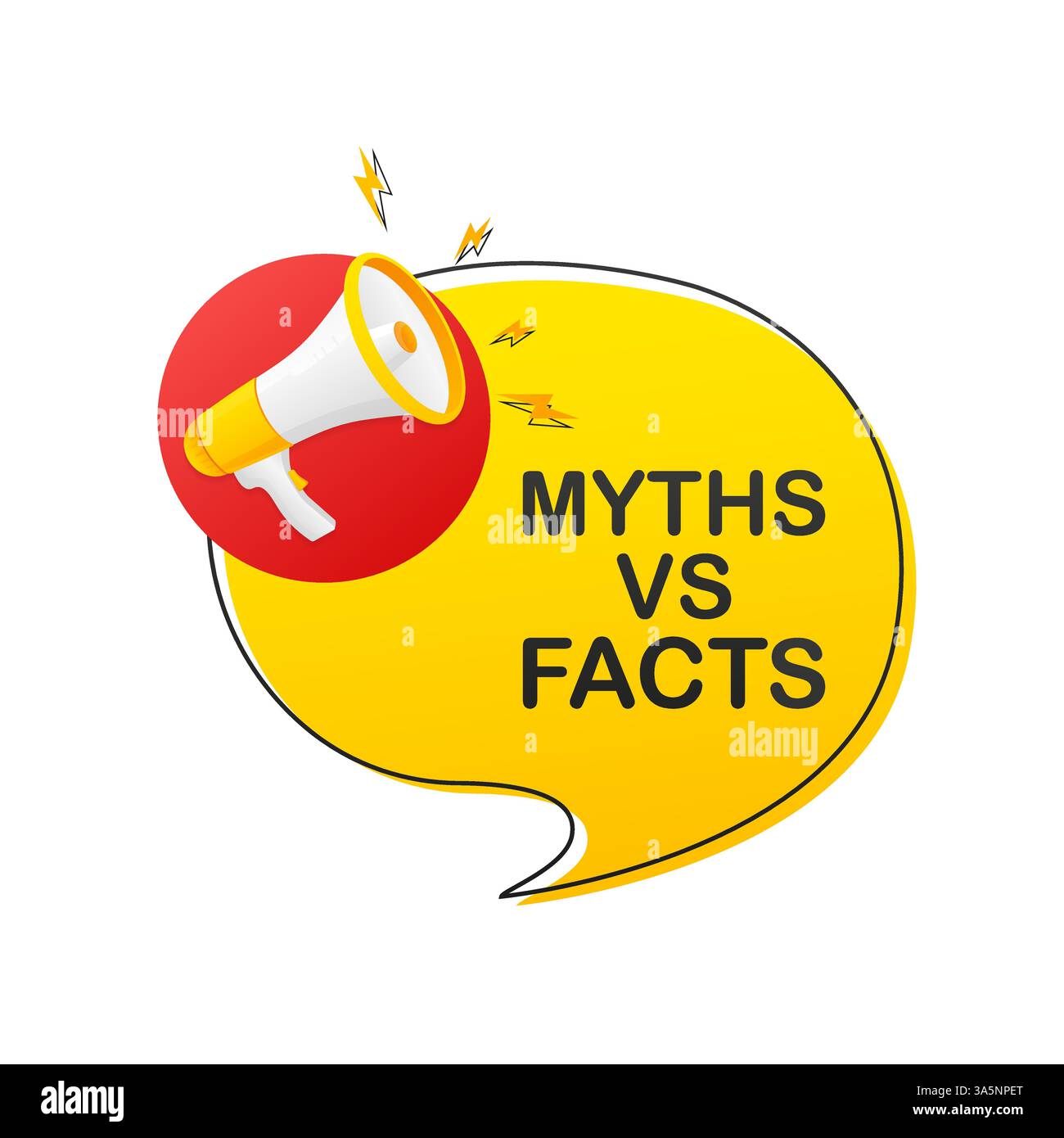 Mythen vs. Fakten Megaphon auf weißem Hintergrund für Flyerdesign. Vektorabbildung in abgewickelter Form. Stock Vektor