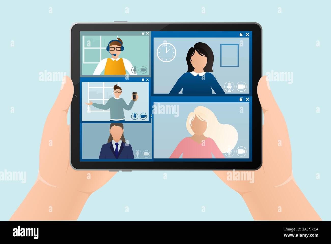 Flache Abbildung. Videokonferenz. Videoanrufe zwischen Freunden, Online-Chats über mobile App. Zu Hause bleiben, arbeiten, ferngesteuert kommunizieren. Vektor Stock Vektor