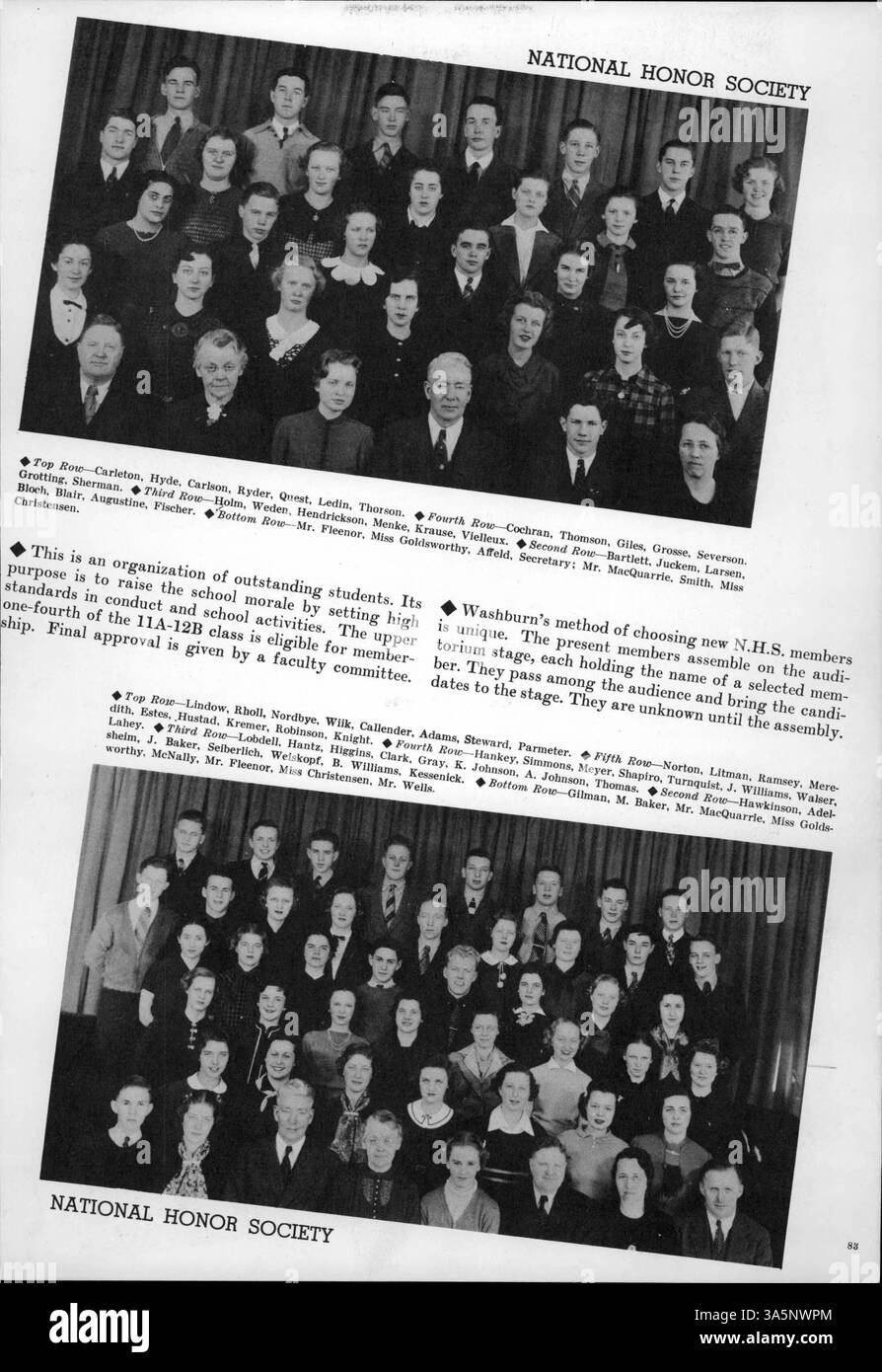 Die Ausgabe 1937 des Jahrbuchs „Wahian“ der Washburn High School zeigt Schüler, Lehrkräfte, sportliche Leistungen und bemerkenswerte Ereignisse aus dem Schuljahr 1936-1937, die das Schulleben und die Traditionen widerspiegeln. Stockfoto