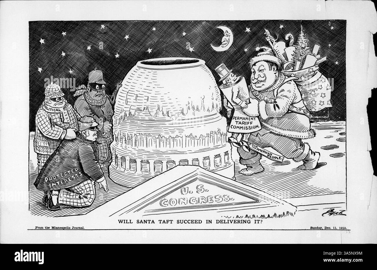 Eine satirische Illustration aus der Minneapolis Morning Tribune vom 11. Dezember 1911, in der Präsident Taft als Weihnachtsmann dargestellt wird und Geschenke überbringt, die politische Fragen symbolisieren, einschließlich der Schaffung einer Ständigen Tarifkommission. Stockfoto