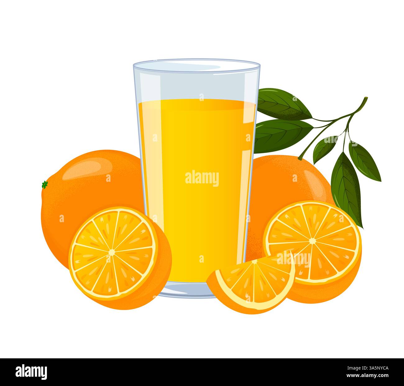 Ein Glas frischer Orangensaft mit Reifen Orangen Stock Vektor