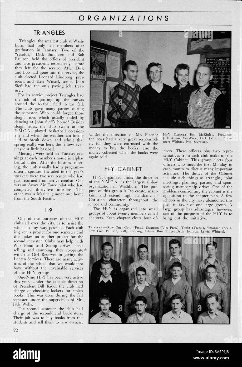 Das Jahrbuch „Wahian“ von 1945 spiegelt die akademischen, sportlichen und außerschulischen Höhepunkte der Washburn High School während des Schuljahres 1944-1945 wider. Stockfoto