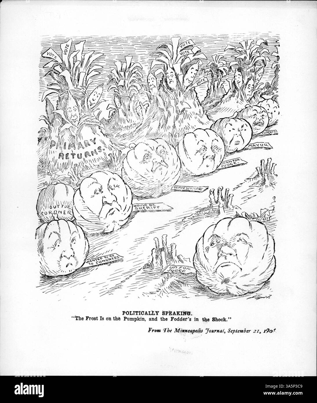 Dieser politische Zeichentrick zeigt Kürbisse in einem Feld, die jeweils mit politischen Bestrebungen wie "wollte zum Kongress gehen", "würde Sheriff sein" und "für den Richter anstehen" gekennzeichnet sind. Der Titel bezieht sich auf das Gedicht „When the Frost is on the Punkin“, das politische Ambitionen auf humorvolle Weise veranschaulicht. Stockfoto