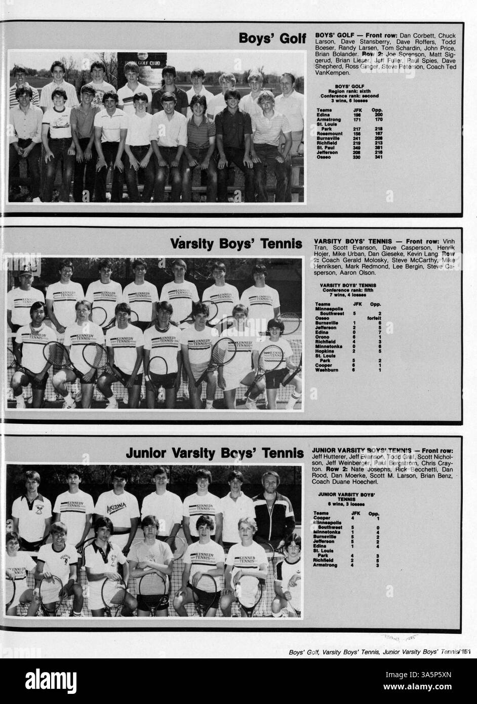 Im Kennedy High Yearbook 1985 werden Schüler, Lehrer, Leichtathletik, Vereine und wichtige Ereignisse aus dem Schuljahr 1984-1985 vorgestellt und das Wesen des High School-Lebens in dieser Zeit erfasst. Stockfoto