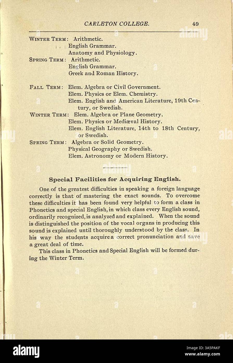 Der Katalog des Carleton College 1896-1897 enthält Details zu Studiengängen, Studierenden, Dozenten, Zulassungsbedingungen, Ehrendokumenten, und Abteilungsbeschreibungen. Stockfoto
