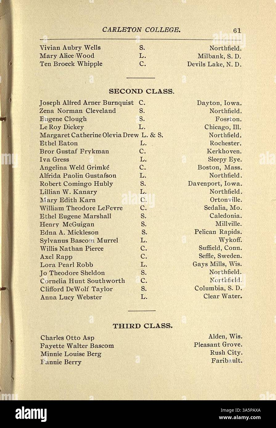 Der Katalog des Carleton College 1896-1897 enthält Details zu Kursen, Dozenten, Studenten, Ehrendokumenten, Zulassungsrichtlinien, Abteilungsbeschreibungen und Alumni. Stockfoto