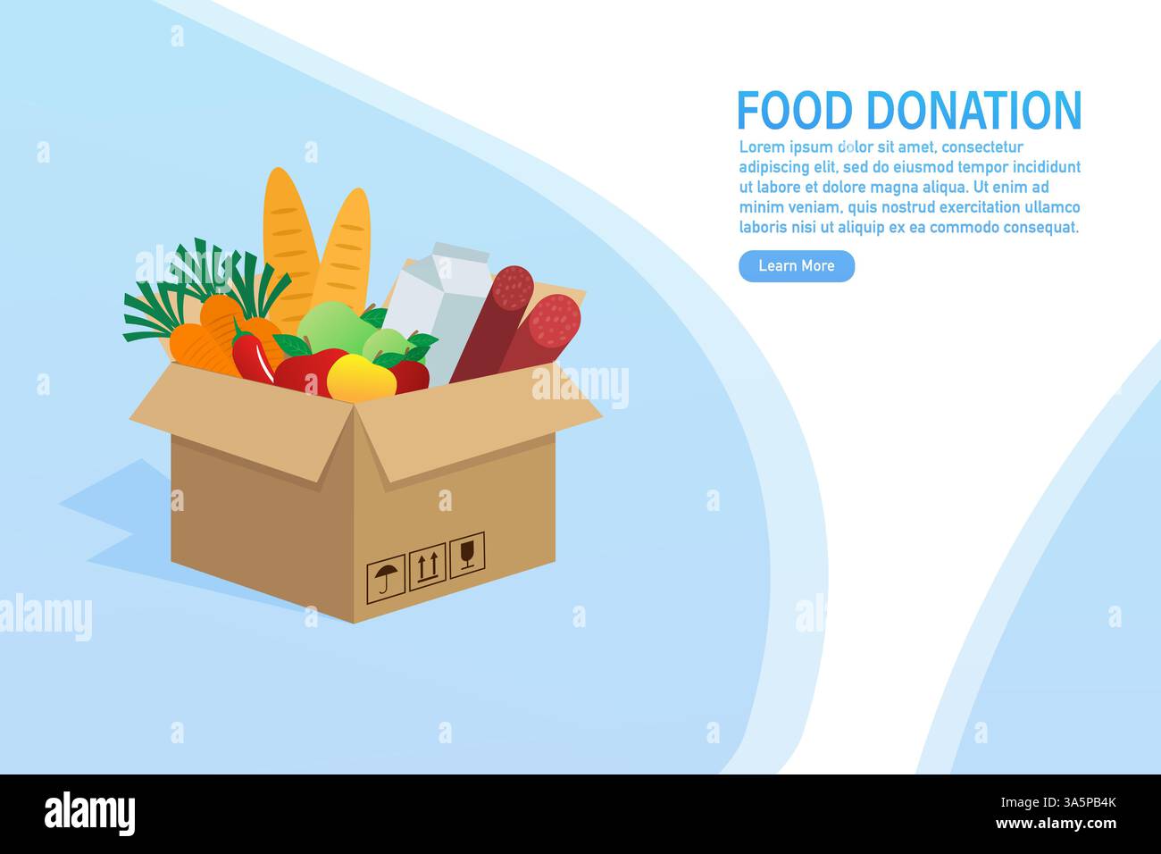 Cartoon Food Spende für Flyer Design. Lebensmittel im Karton. Cartoon-Plakat mit Lebensmittelspende für Bannerdesign. Vektorabbildung. Stock Vektor