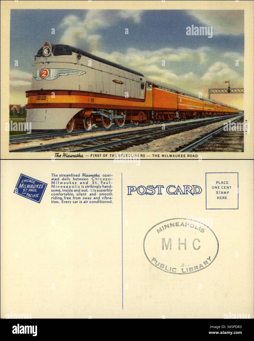 Die Hiawatha, die von der Milwaukee Road betrieben wurde, war ein stromlinienförmiger Zug, der täglich zwischen Chicago-Milwaukee und St. Paul-Minneapolis verkehrte. Bekannt für sein schlankes Design, wurde der Hiawatha für seinen Komfort, das ruhige Fahrverhalten, die klimatisierten Autos und den leisen Betrieb gelobt. Stockfoto