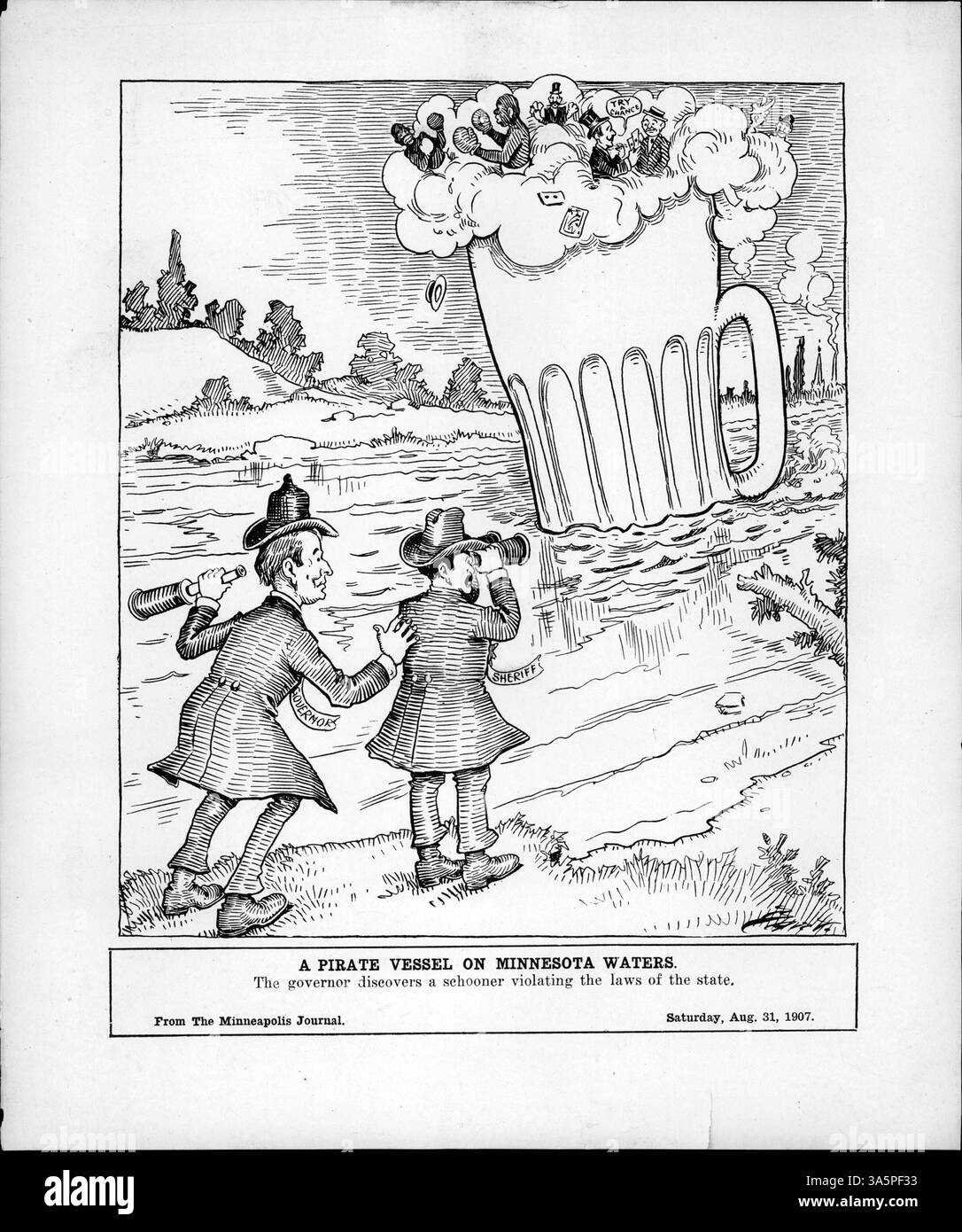 Gouverneur Johnson und ein Sheriff entdecken einen schwimmenden Bierkrug mit Boxen und Glücksspielen an Bord, ein Verstoß gegen das staatliche Gesetz über Flussdampfboote. Stockfoto